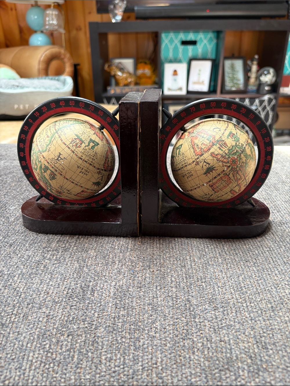 Vintage Globe Bookends in Dark Brown with Antique Map Detail